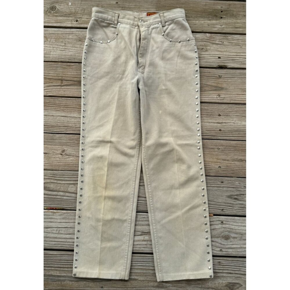 Vtg Lawman Superior FIt Denim Western Straight Metal‎ Studded Jeans Cream 11 L1